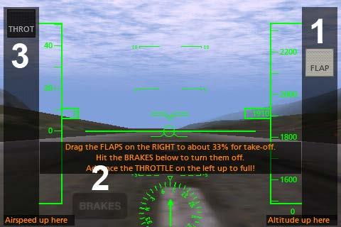 Figure 3.1: Taking off in X-Plane Trainer To begin, tap the FLAP slider (labeled 1 in Figure 3.1 above the slider on the right side of the screen) and drag it about a third of the way down.