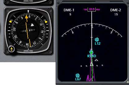 On the left is the HSI in the piston-engined aircraft, and on the right is the moving map in the jets. While this step is not absolutely necessary, it does make it easier to follow the CDI.
