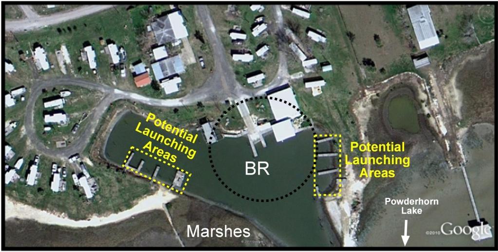 Figure 21. Location of the Powder Horn RV Park and Boat Ramp showing potential launching areas for kayakers.