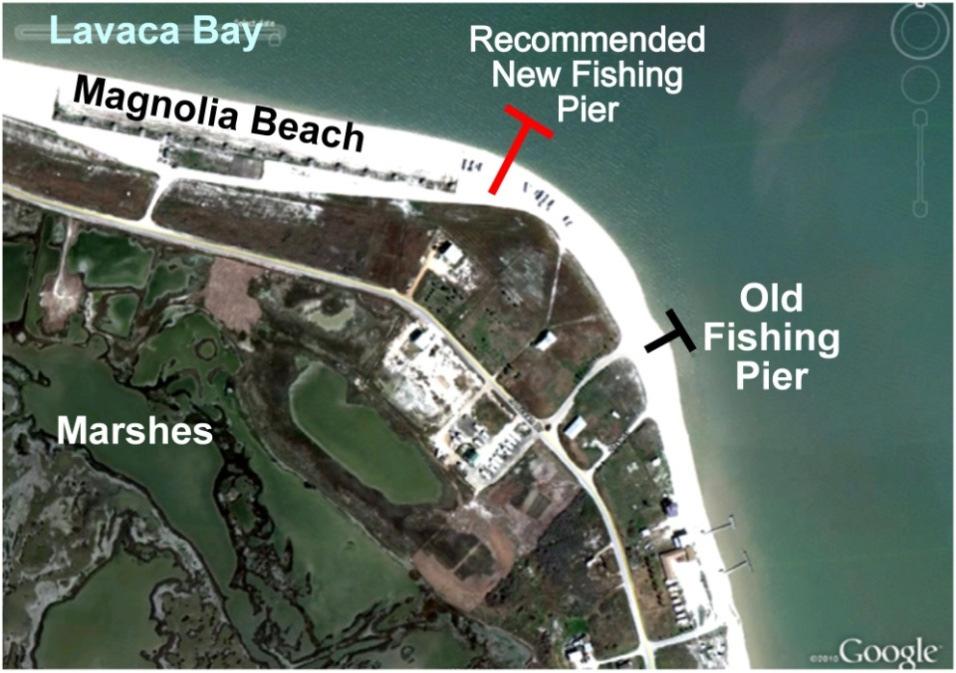 and the local bathymetric profile is deeper than the old pier area, making it ideal for fishing. Figure 32. Area showing the recommended relocation of the fishing pier in Magnolia Beach.