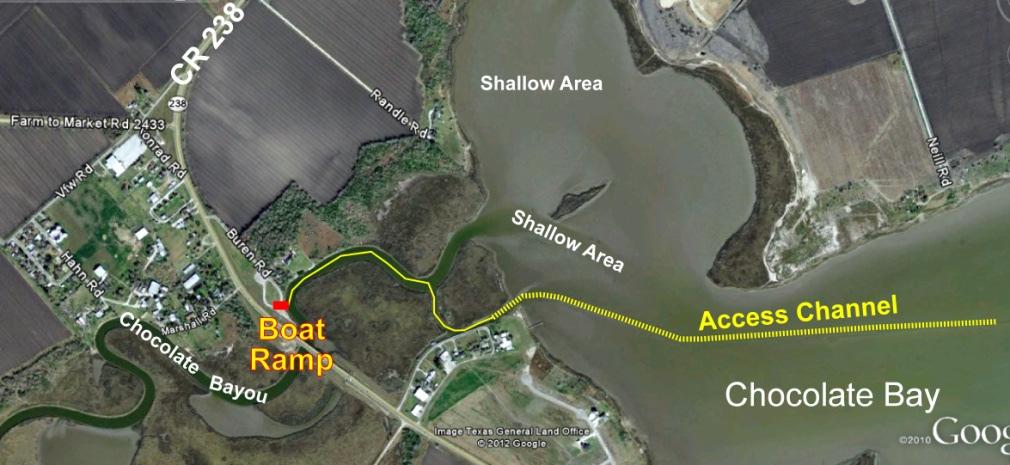Figure 36. Location of the Chocolate Bayou boat ramp and the boat access channel to Lavaca Bay.