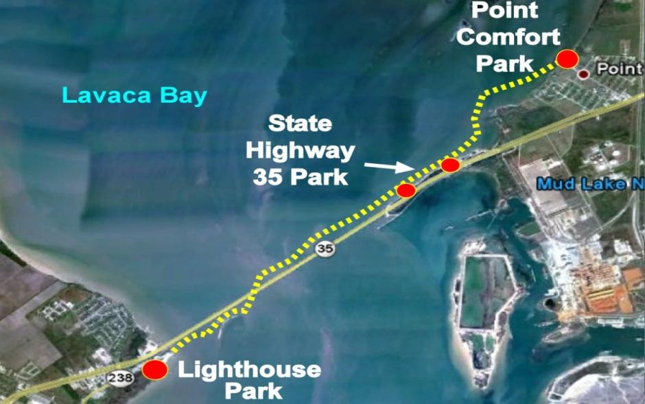 Figure 50. Potential paddling trail marked with the yellow dashed line between Point Comfort Park and Light House Park in Lavaca Bay.