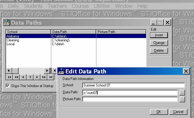 Click Insert and enter the schl name and data path. In ur example, we will call use the name Summer Schl 07 and the datapath C:\sum07.