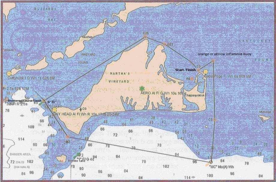 9 MARKS After the start, the following are the marks of the course in sequence. All marks will be left to starboard. Edgartown C 3 Start Inflatable Yellow Mark (approximately 1.