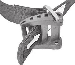 The buckle should form an angle with the metal D-ring as shown in