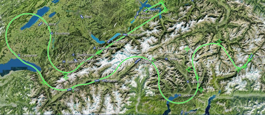 Only after the flight plan was completed and the screenshots made did I learn that Lake Como is totally within Italian airspace and the flight path is a bit too far South when crossing Lake Maggiore