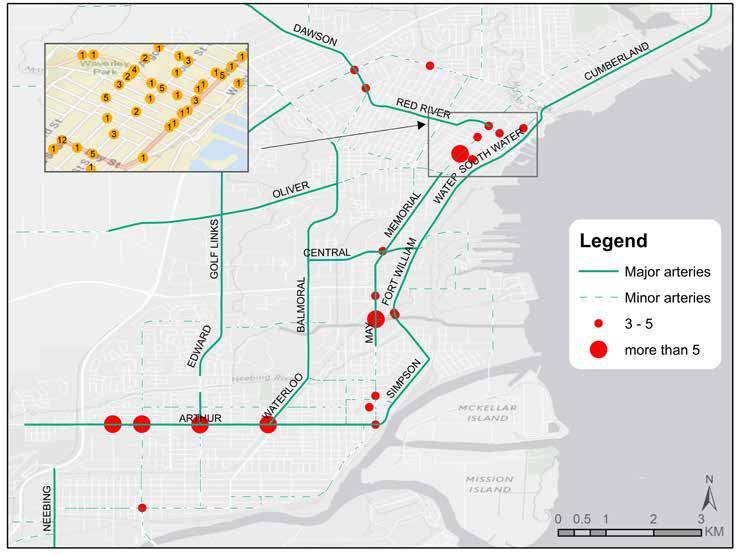 Figure 12: Pedestrian-vehicle collision hotspots in Thunder Bay (2004-2013) Distance to nearest school Information on the distance to the nearest school was available for 626 (98.