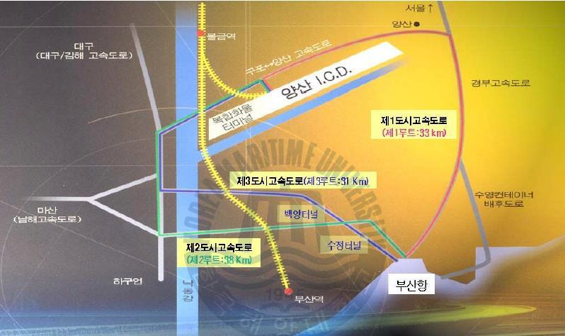 Yangsan ICD Network Connect to Busan Old Port Route 1 (33km): Yangsan ICD-Gyeongbu highway-the first expressway-busan Port(General Port) Route 2 (38km): Yangsan ICD-Gupo,Yangsan highway-the second