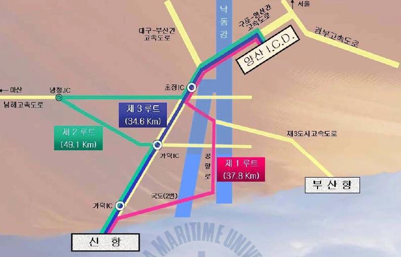 Yangsan ICD Network Connect to Busan New Port Route 1 (37.8km): Yangsan ICD-Gupo,Yangsan highway-gonghang Ro-Local road 2-Busan New Port(BNP) Route 2 (49.