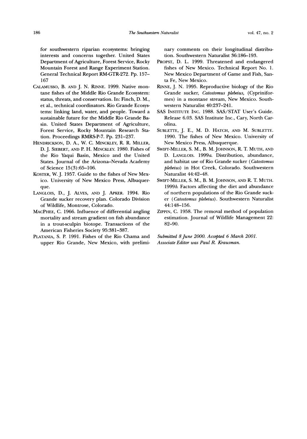 186 The Southwestern Naturalist vol. 47, no. 2 for southwestern riparian ecosystems: bringing interests and concerns together. United States nary comments on their longitudinal distribution.