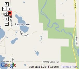 USH 53 in Trego go west on Cty hwy E to Leisure lake Road. Follow Leisure Lake Road north to Washburn county Youth Camp.