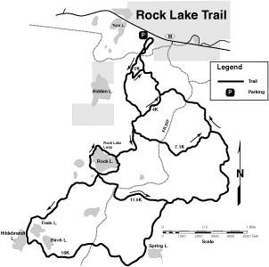 Rock Lake Trail The Rock Lake Trail is managed primarily as a classic style cross country ski trail. Trail Length: 2 Km, 4 Km, 7.1 Km, 11.5 Km, 16 Km, and Rock Lake Loop which adds 1.8 Km to the 11.