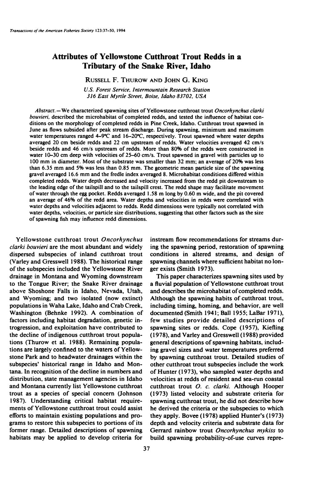 Transactions of the American fisheries Society 123:37-50. 1994 This file was created by scanning the printed publication.