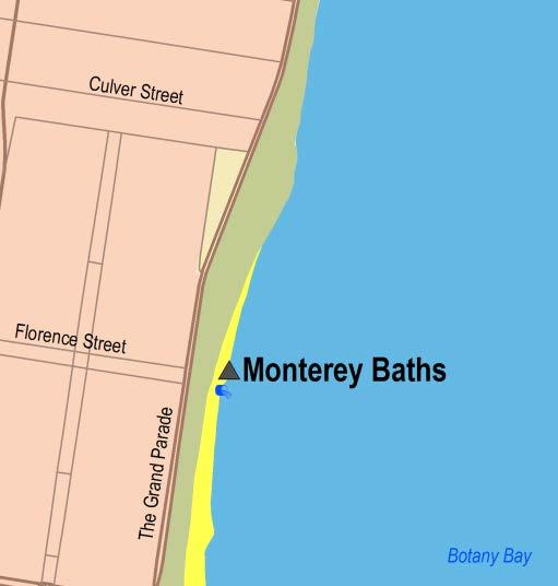 Sydney Region Southern Sydney (Sutherland and Southern Harbours) Monterey Baths Beach Suitability Grade: G. Monterey Baths are located towards the southern end of Lady Robinsons Beach in Botany Bay.