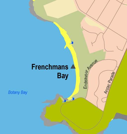 Sydney Region Southern Sydney (Sutherland and Southern Harbours) Frenchmans Bay Beach Suitability Grade: G. Frenchmans Bay is approximately 500 metres long, with a rock wall towards the northern end.