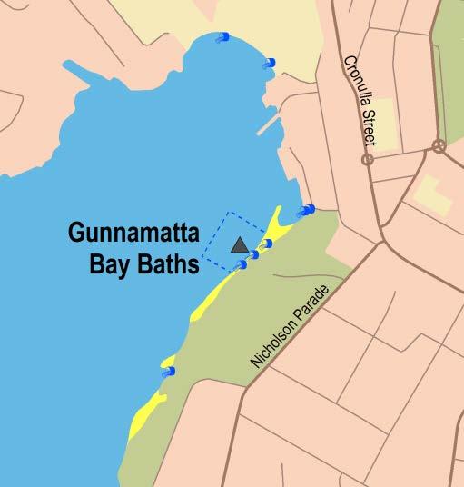 Sydney Region Southern Sydney (Sutherland and Southern Harbours) Gunnamatta Bay Baths Beach Suitability Grade: P. Gunnamatta Bay Baths are an enclosed tidal swimming area located in Gunnamatta Bay.
