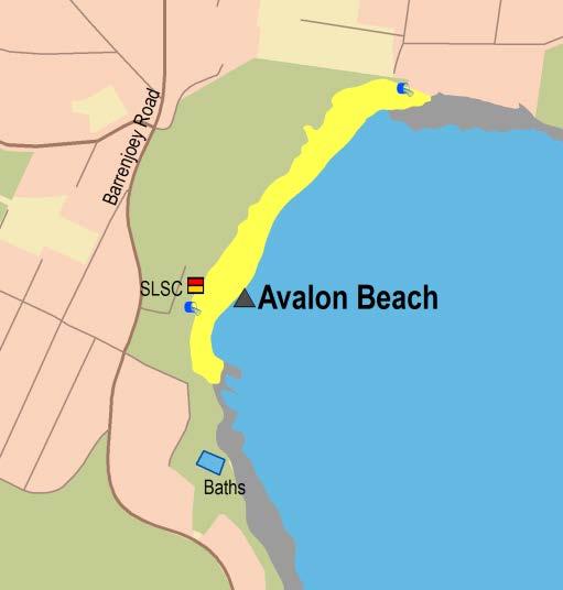 Sydney Region Northern Sydney (Pittwater to Manly) Avalon Beach Beach Suitability Grade: VG. Avalon Beach is 500 metres long and backed by a park and picnic area.
