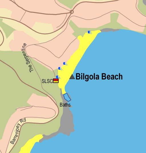 Sydney Region Northern Sydney (Pittwater to Manly) Bilgola Beach Beach Suitability Grade: VG. Bilgola Beach is 500 metres long, with rock baths located at the southern end.