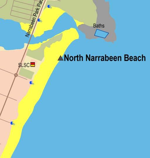 Sydney Region Northern Sydney (Pittwater to Manly) North Narrabeen Beach Beach Suitability Grade: G. North Narrabeen Beach is located at the northern end of the 3.5 kilometre-long Narrabeen Beach.