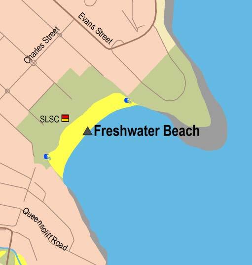 Sydney Region Northern Sydney (Pittwater to Manly) Freshwater Beach Beach Suitability Grade: G. Freshwater Beach is approximately 350 metres long. Rock baths are located on the northern rock platform.