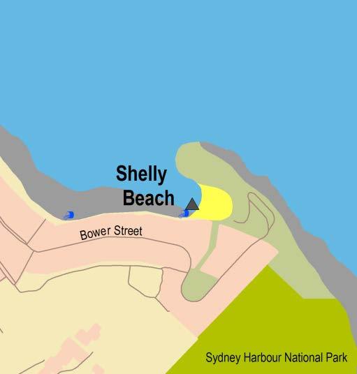 Sydney Region Northern Sydney (Pittwater to Manly) Shelly Beach Beach Suitability Grade: G. Shelly Beach is backed by a picnic area and reserve.