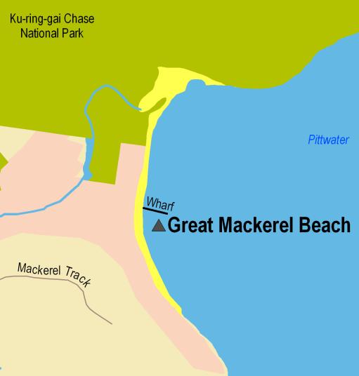 Sydney Region Northern Sydney (Pittwater to Manly) Great Mackerel Beach Beach Suitability Grade: VG. Great Mackerel Beach is a 500 metre long sandy beach on the northwestern side of Pittwater.