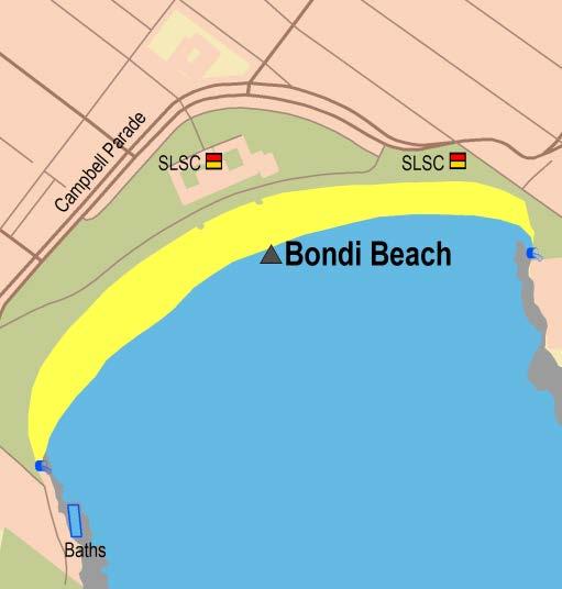 Sydney Region Central Sydney (Bondi to Little Bay and Sydney Harbour) Bondi Beach Beach Suitability Grade: G. Bondi Beach is 800 metres long and backed by a promenade, carpark and parklands.