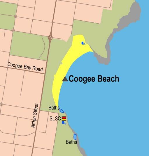 Sydney Region Central Sydney (Bondi to Little Bay and Sydney Harbour) Coogee Beach Beach Suitability Grade: P. Coogee Beach is 400 metres long and is backed by a promenade and parklands.