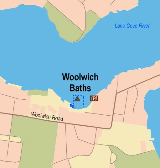 Sydney Region Central Sydney (Bondi to Little Bay and Sydney Harbour) Woolwich Baths Beach Suitability Grade: G. Woolwich Baths are a 20 by 30 metre netted swimming area in the lower Lane Cove River.