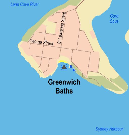 Sydney Region Central Sydney (Bondi to Little Bay and Sydney Harbour) Greenwich Baths Beach Suitability Grade: G. Greenwich Baths are a 40 metre long netted swimming area backed by a sandy beach.