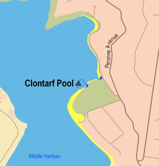 Sydney Region Central Sydney (Bondi to Little Bay and Sydney Harbour) Clontarf Pool Beach Suitability Grade: F. Clontarf Pool is a small netted swimming area accessed via Clontarf Reserve.