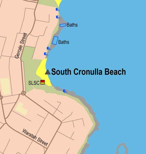 Sydney Region Southern Sydney (Sutherland and Southern Harbours) South Cronulla Beach Beach Suitability Grade: G. South Cronulla beach is 300 metres long and situated at the southern end of Bate Bay.