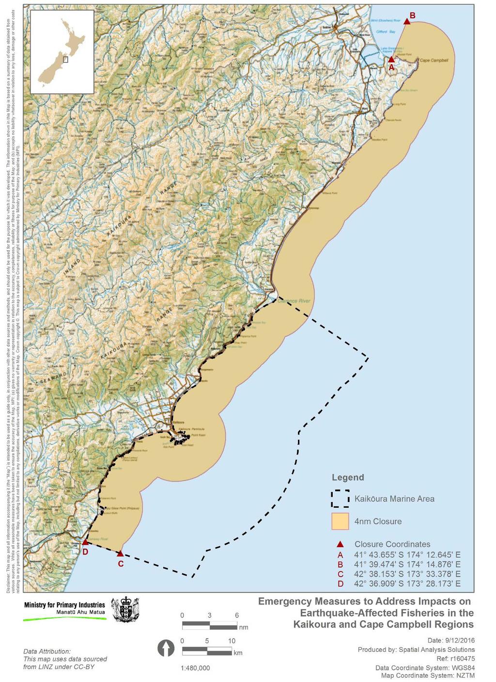 Figure 2: Map of the earthquake-affected area closed under s 16 of the Fisheries