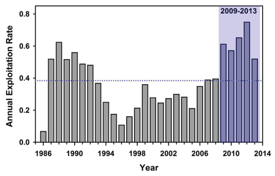 122. As shown below in Lipcius, Demo. 13, annual fishery exploitation rates in Apalachicola Bay increased spectacularly from 2009 through 2012.