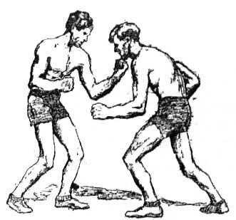 FIRST STEPS IN BOXING 307 to master is the straight left, usually called the left jab. Heighten the dead bag till its center is level with your shoulder. Take position in Fig.