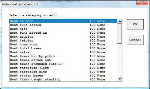 110 To select a category to edit you can either double-click on that category, or highlight the category and press OK. The Game Records Edit window is displayed for the selected category.