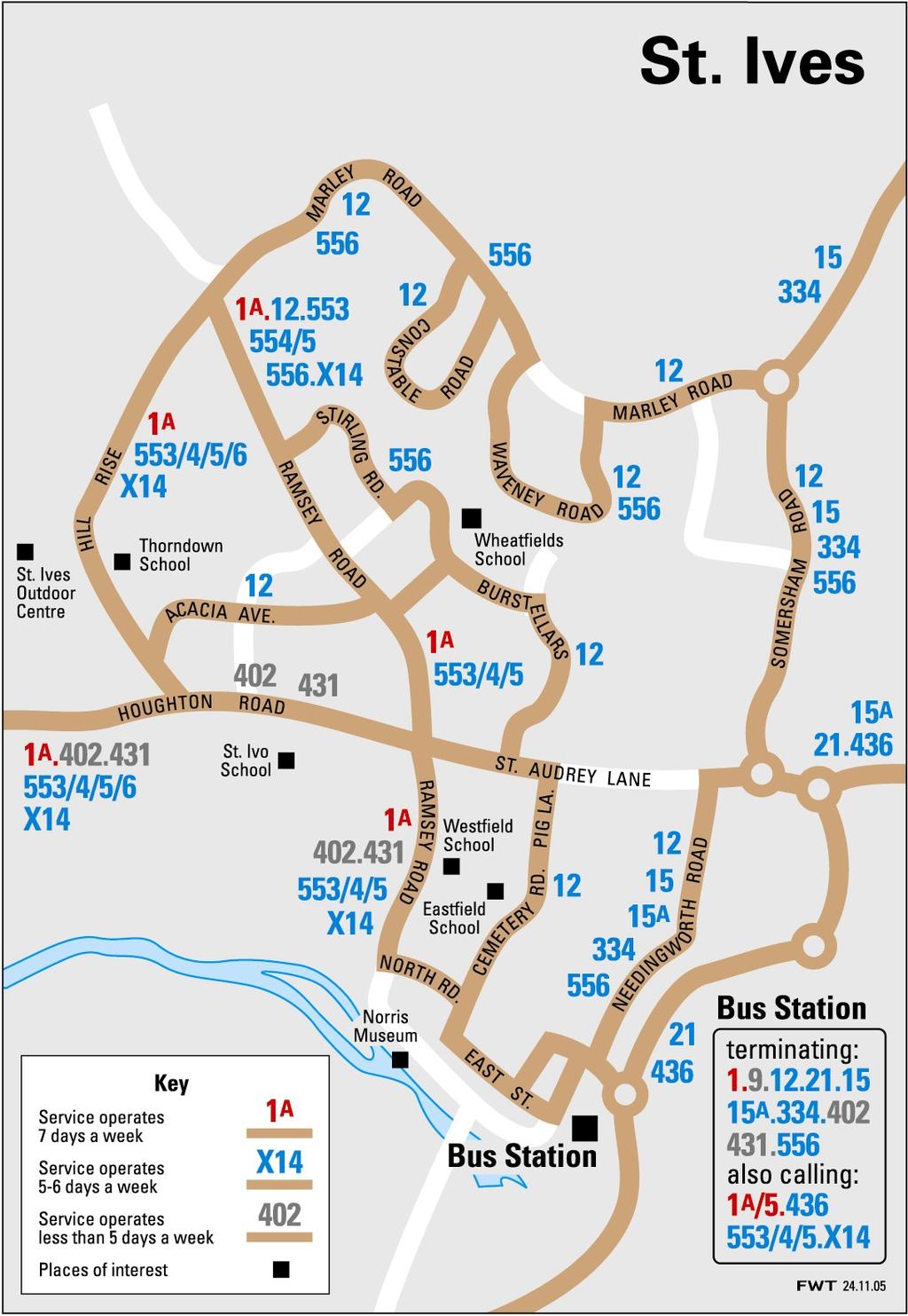 Map 4 Bus services in St. Ives Crown copyright.