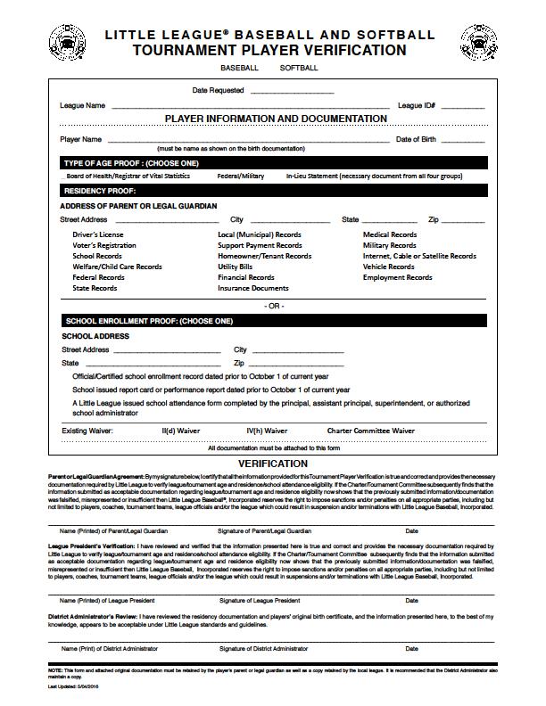 Player Verification Form This form verifies the information is correct and should be completed by the parents for each new player.
