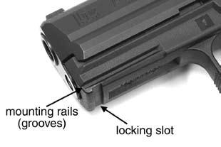 Always ensure the P Series is clear and unloaded before installing or removing accessories. Slide the accessory onto the rails until it locks into the locking slot located on the bottom of frame.