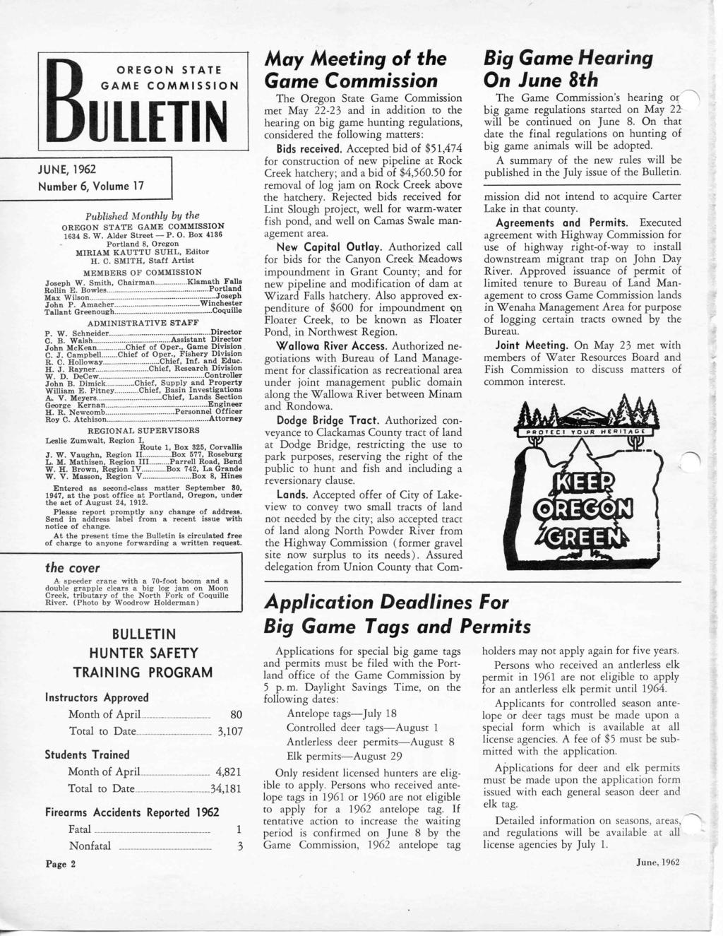 OREGON I E GCOMMISSION 0 N STATE GAME ULLETIN JUNE, 1962 Number 6, Volume 17 Published Monthly by the OREGON STATE GAME COMMISSION 1634 S. W. Alder Street P. O. Box 4186 Portland 8, Oregon MIRIAM KAUTTU SUHL, Editor H.