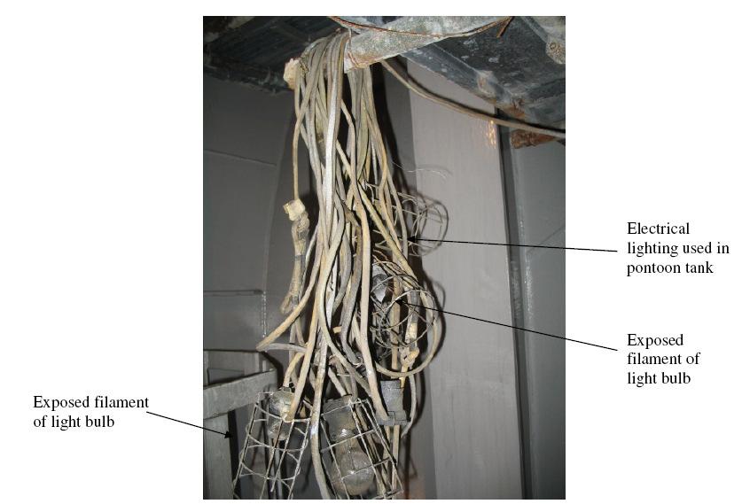 Machine 15 Use of non-flame proof lighting: Non flame proof lighting in the form of electrical cable with filament-type light bulbs were used in the pontoon tank at the time of incident (Figure 2).