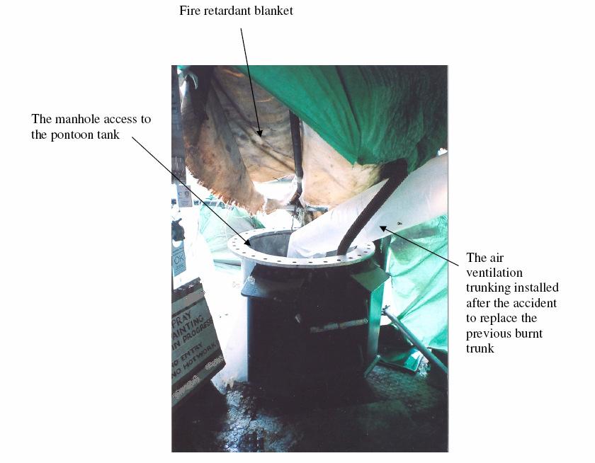 24 Presence of combustible / flammable substances: A number of paint and solvent drums were found in the pontoon tank, including: one 20 litres paint drum, two 4 litres paint drums (one drum is half