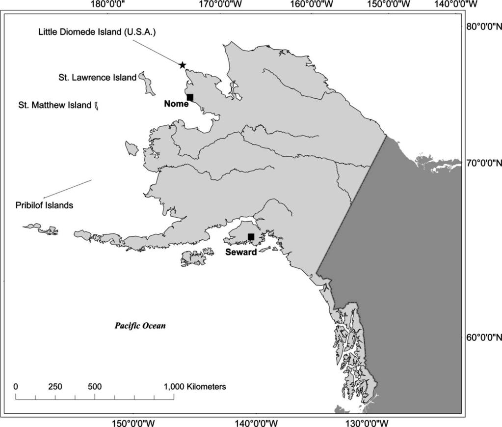 067uW), other eastern Bering Sea islands with blue king crab populations (labels only) and cities Nome and Seward (squares), which were the intermediary and