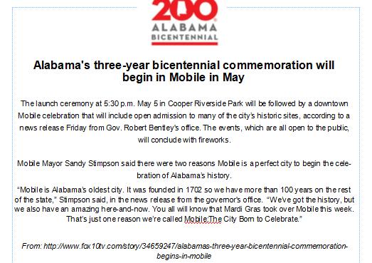 The mission of the Mobile Mardi Gras Trail is aligned with the goals of the Alabama Bicentennial Commission and the celebration kicks off in Mobile on May 5th!