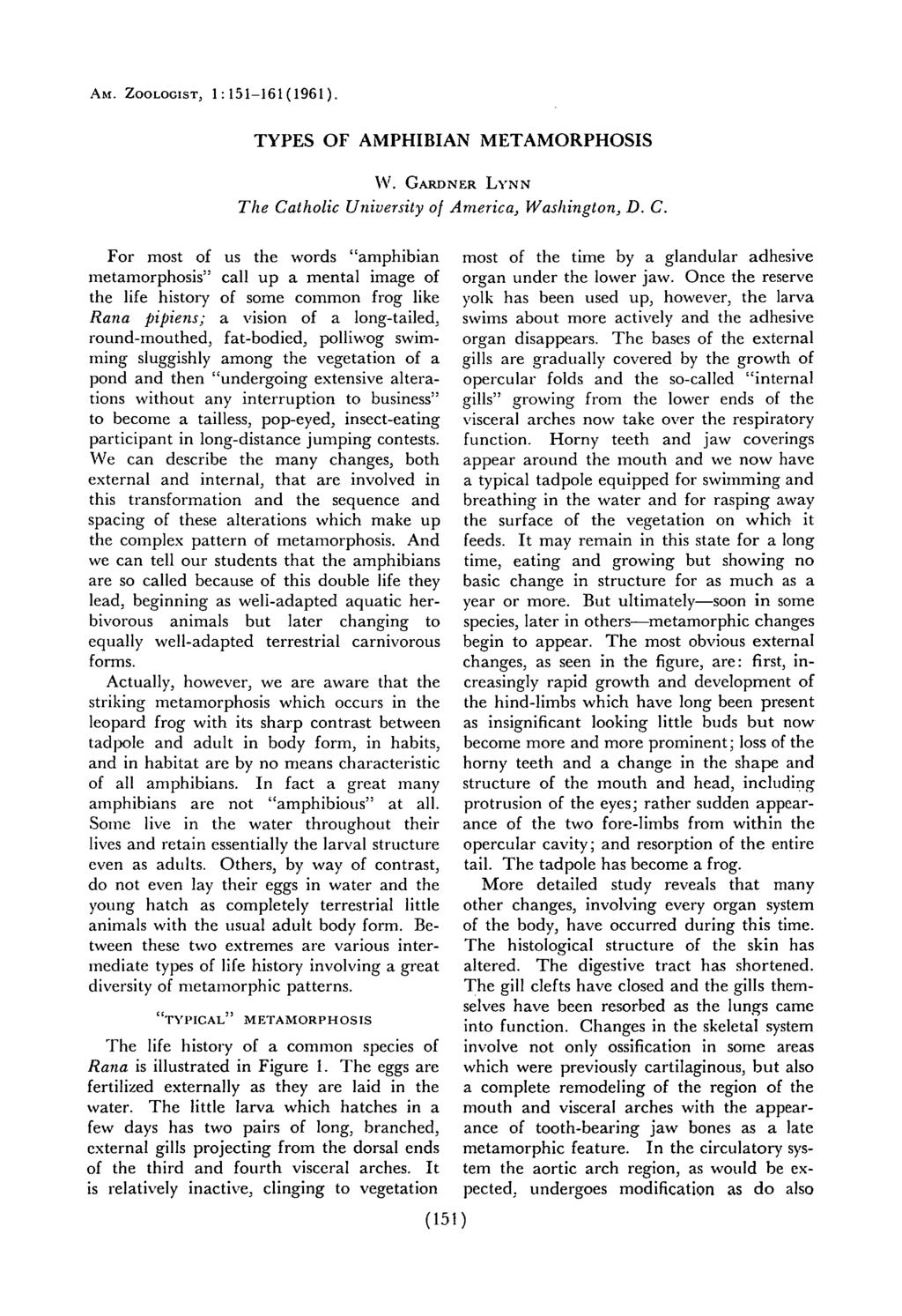 AM. ZOOLOGIST, 1:151-161(1961). TYPES OF AMPHIBIAN METAMORPHOSIS W. GARDNER LYNN The Ca