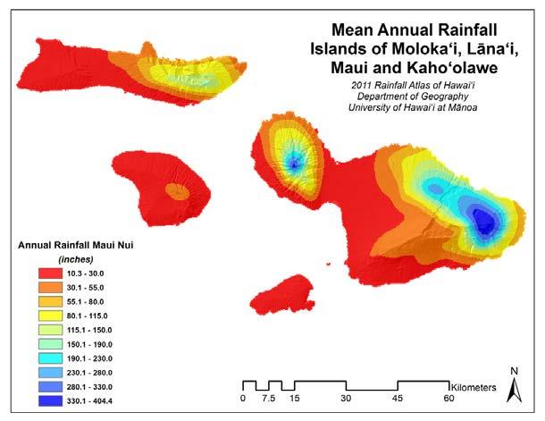 Annual Rainfall for Maui & Molokai Chinook Down-slope Winds High pressure over the mountains Low