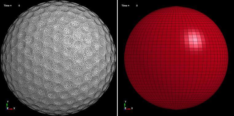 12 th International LS-DYNA Users Conference Blast/Impact(1) Figure 2 shows the meshed golf ball model. A dense mesh is required on the face of the cover to model the dimple geometry.