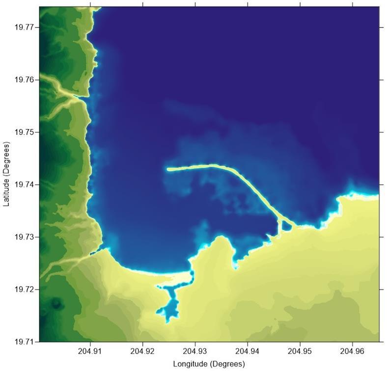 BM#2 Japan 211 Tsunami in Hilo Harbor, Hawaii Bathymetry Bathymetry data is provided (lon,lat) on a 1/3 arcsec grid. However, the problem has a flattening of the bathymetry at a depth of 3 meters.