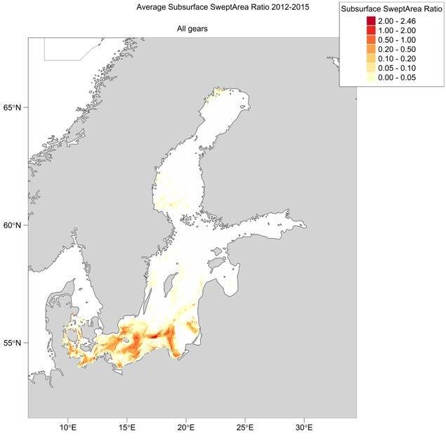 Figure 16 Average annual surface (upper) and subsurface (lower) abrasion by mobile bottom-contacting fishing gear (otter trawls, dredges, and demersal seines) deployed in the Baltic Sea during 2012