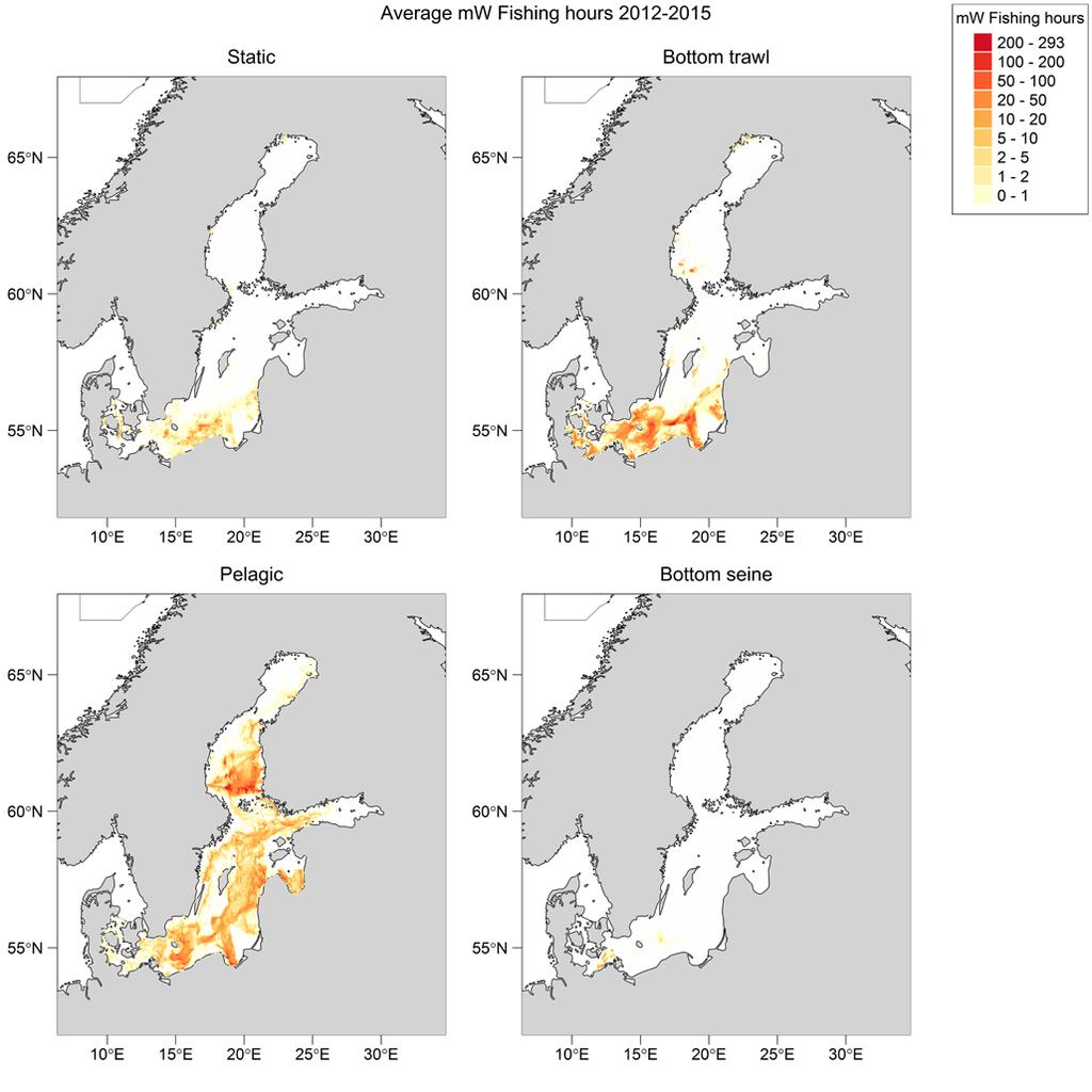 Figure 9 Spatial distribution of average fishing effort (mw fishing hours)in the Baltic Sea during 2012 2015 by gear type. Fishing effort data are only shown for vessels >12 m carrying VMS.
